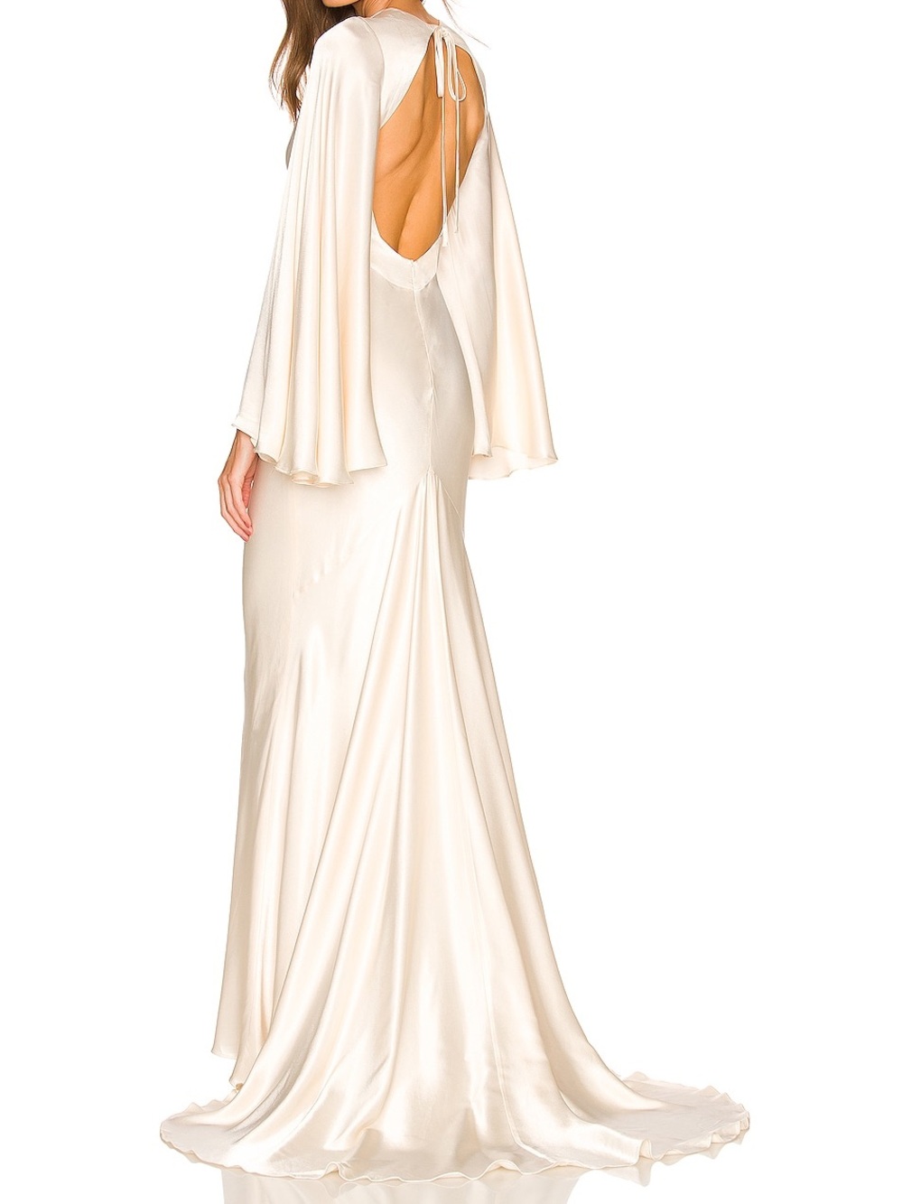 Shona Joy La Lune Cream Backless Maxi Dress Satin Cape Sleeve Formal Gown NWT